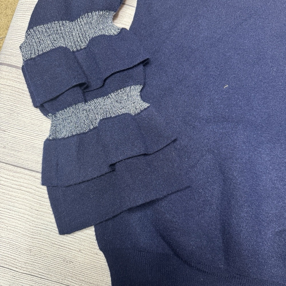 Moth Anthropologie Navy Silver Metallic Ruffle Sleeve Sweater Medium - Picture 3 of 6